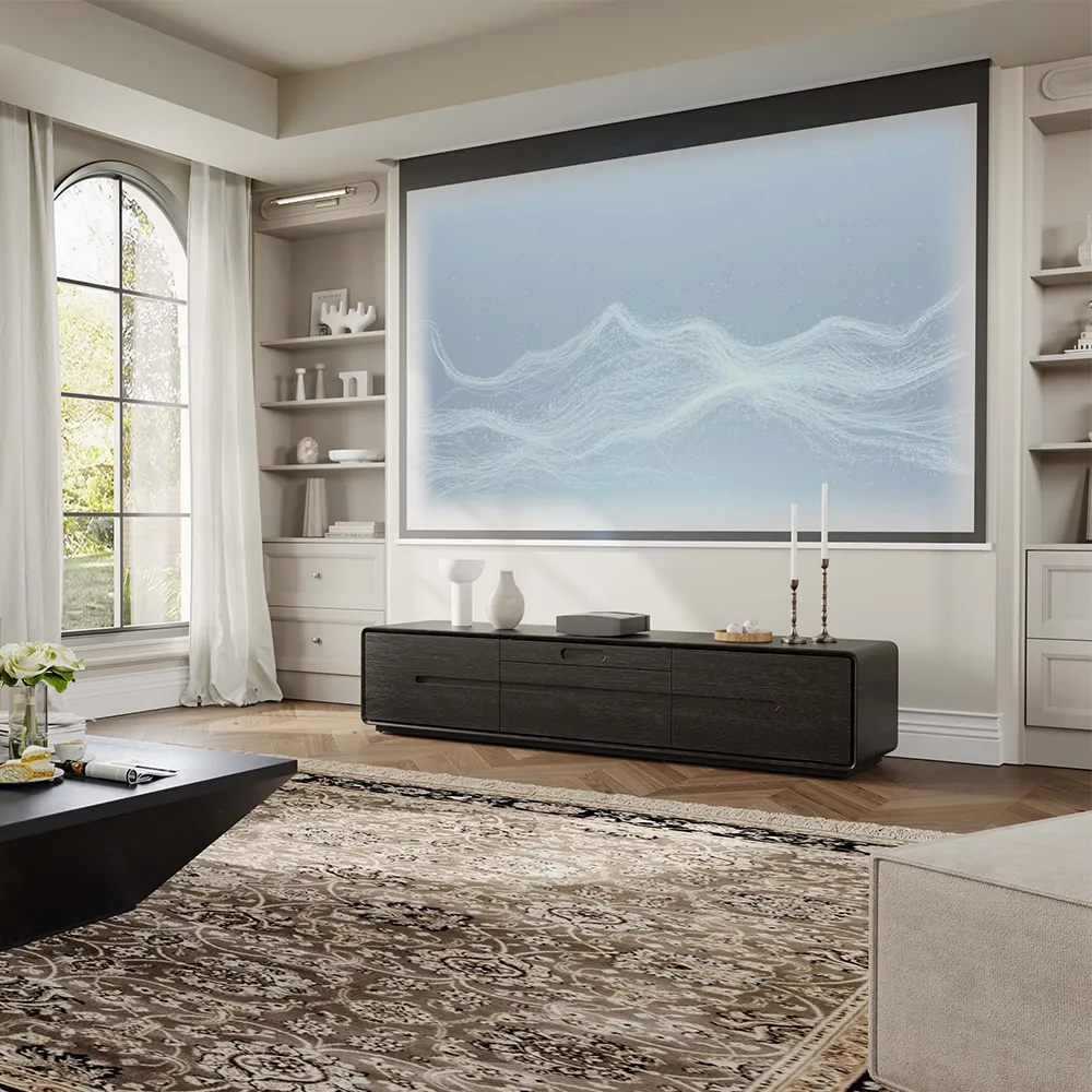 Contemporary living room with black projector TV stand and large digital display in front of arched window