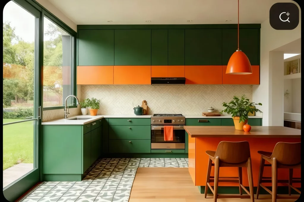 20 Mid Century Modern Kitchen Ideas Blend Bold Cabinet Shades with Geometric Floors