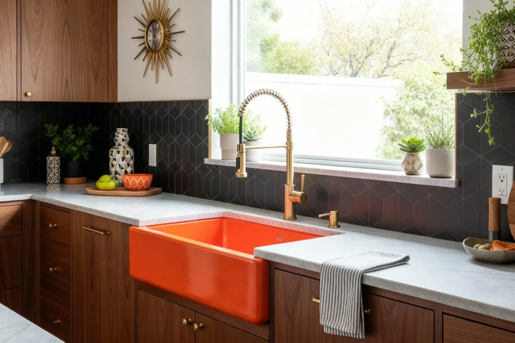 20 Mid Century Modern Kitchen Ideas Make a Statement with a Colorful Sink