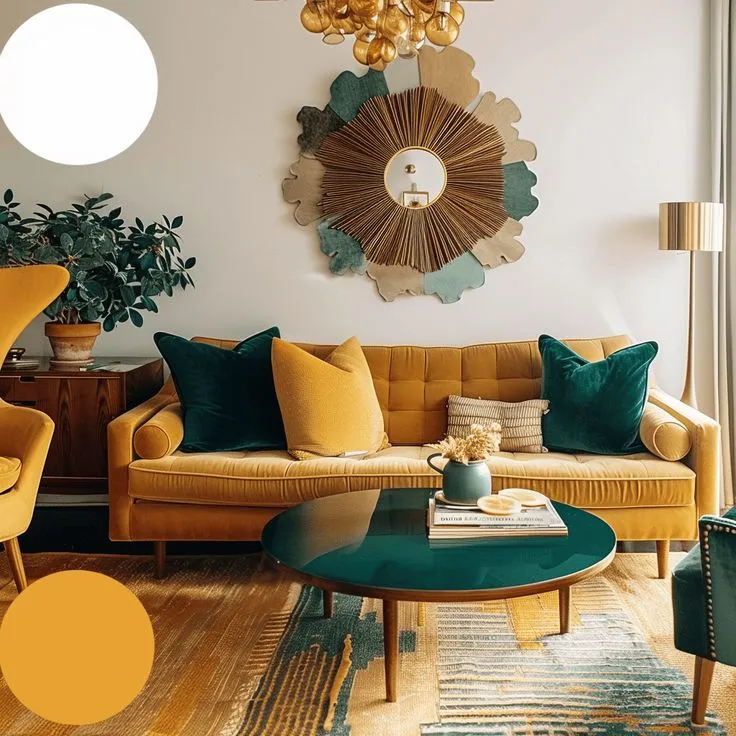 Mid century modern living room with warm yet bold colors