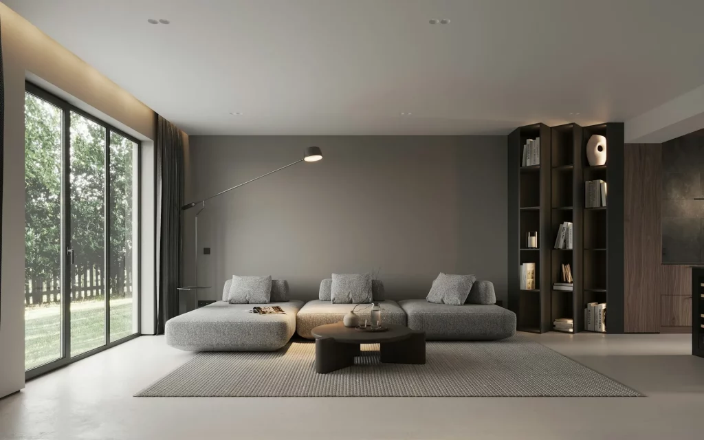 Grey Sofa Living Room Ideas Featuring a Minimalist Interior With a Low-Profile Grey Sectional Sofa, Floor-to-Ceiling Windows, and a Simple Modern Coffee Table.