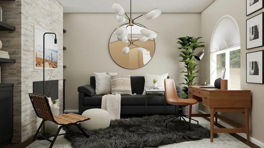 Grey Sofa Living Room Ideas Featuring a Round Wall Mirror That Reflects Light