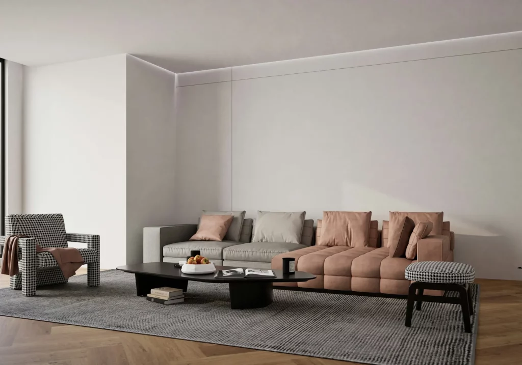 Grey Sofa Living Room Ideas Featuring Two-Tone Sectional in Grey and Terracotta
