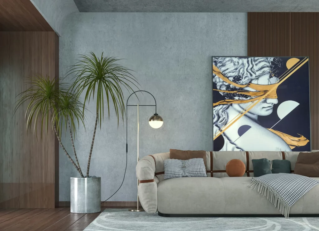 Grey Sofa Living Room Ideas with a Bold Portrait Artwork and Arched Floor Lamp For a Modern Artistic Vibe
