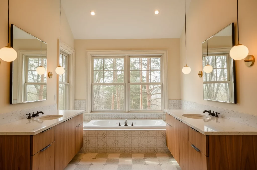 Mid Century Modern Bathroom Ideas Emphasizing Open Windows and Natural Connection