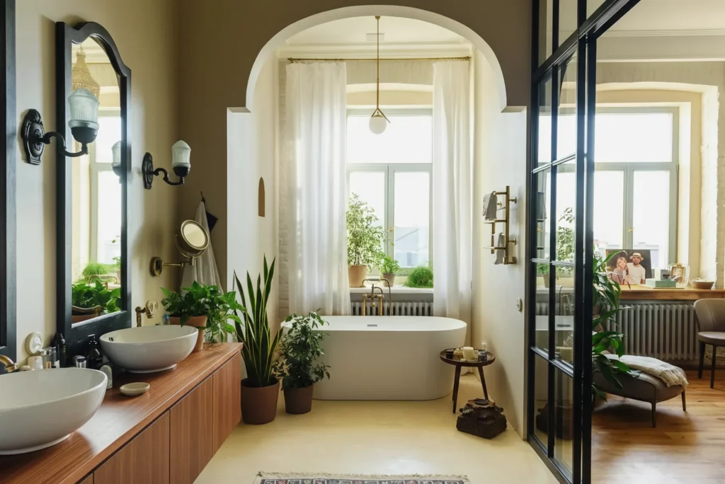 Mid Century Modern Bathroom Ideas Featuring a Matte White Solid-Surface Bathtub, Walnut Vanity, and Brass Fixtures