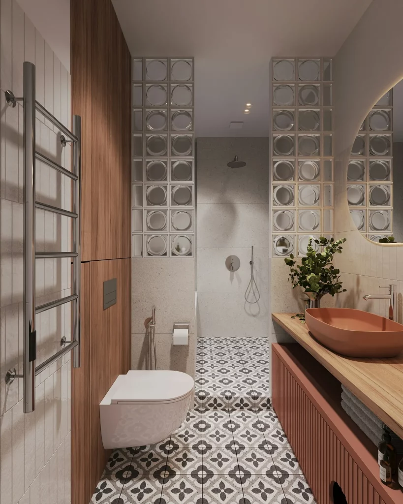 Mid Century Modern Bathroom Ideas Featuring Glass Block Walls, a Terracotta Sink, and Geometric Floor Tiles