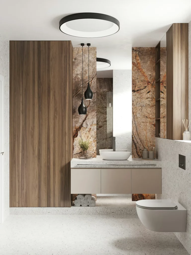 Mid Century Modern Bathroom Ideas Featuring Layered Lighting, Marble Walls, and Soft Neutral Tones