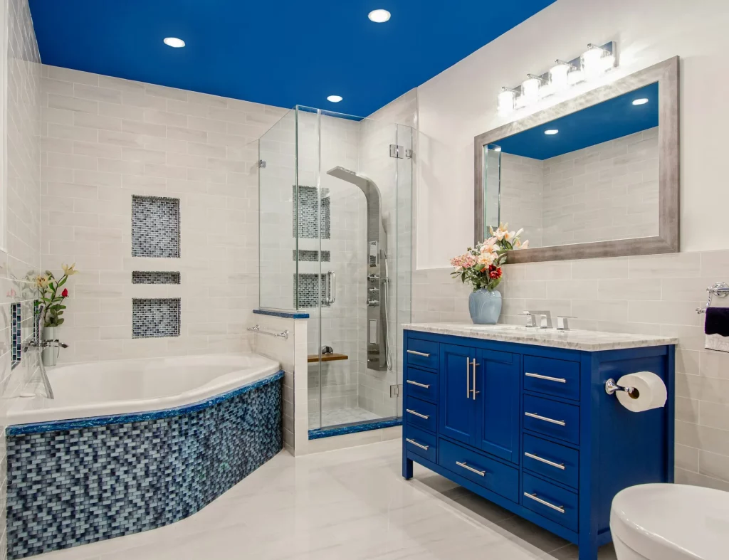 Mid Century Modern Bathroom Ideas with Blue Vanity and Mosaic Tiles