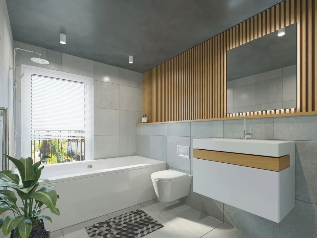 Mid Century Modern Bathroom Ideas with Textured Grooved Wood Paneling and Gray Tile Surfaces
