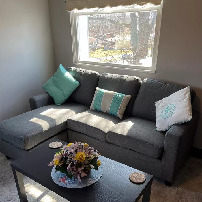 Small Living Space Styled With The Most Comfortable Sectional Sofa With Chaise In Elegant Gray Fabric