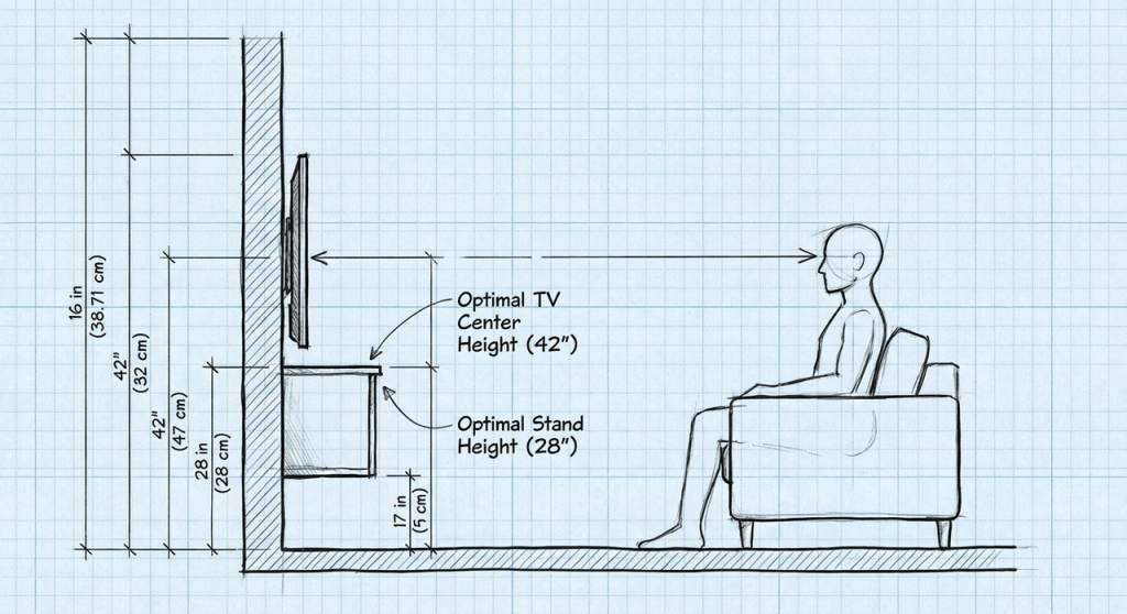 Diagram of ideal floating TV stand and TV mounting height for comfortable viewing