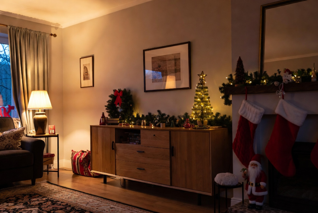 Solid wood sideboard as a luxury Christmas furniture gift in a festive living room