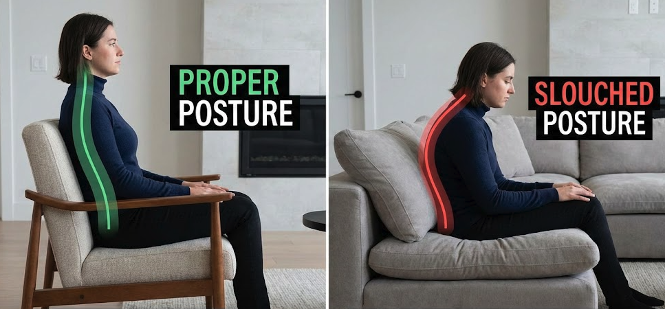 Best sofa for back pain showing proper lumbar support and spine alignment vs poor posture