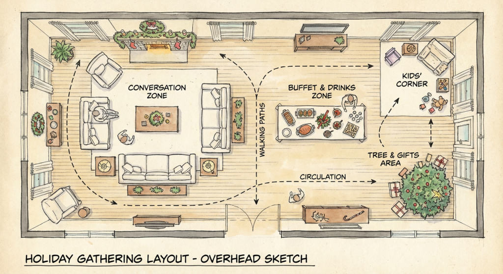 christmas living room arrangement with defined seating area and clear traffic routes for guests