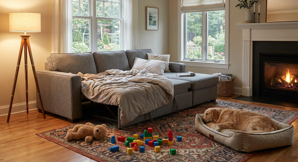 family-friendly sleeper sofa setup in a busy living room for overnight guests