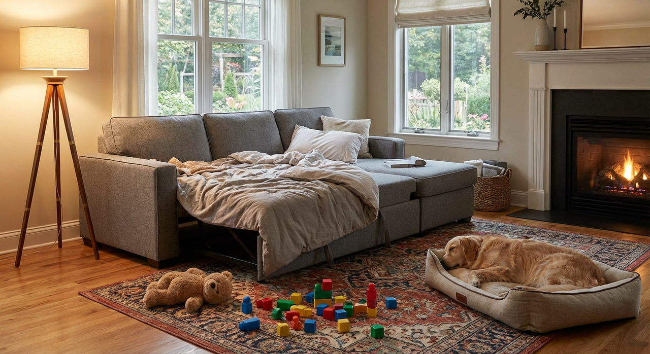 family-friendly leather sleeper sofa setup in a small busy living room for overnight guests