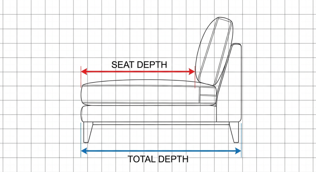simple diagram showing seat depth compared to total sofa depth