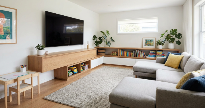 Floating TV stand under wall-mounted TV in busy family living room