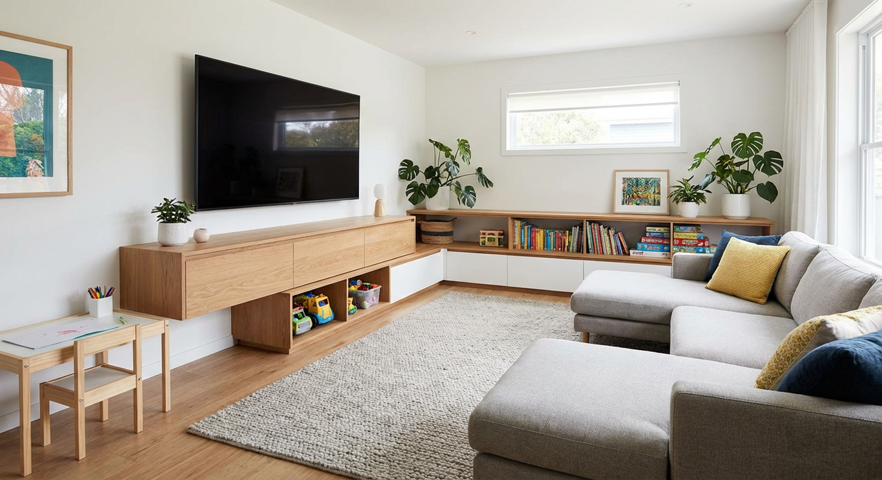 Floating TV stand under wall-mounted TV in busy family living room