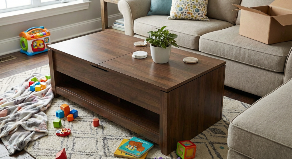 coffee table with storage hiding toys and remotes in a busy family living room