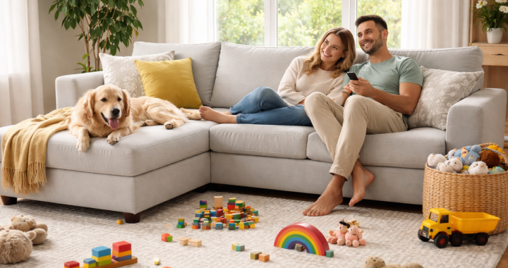 best sectional couches for busy families with pets and kids in a real-life living room