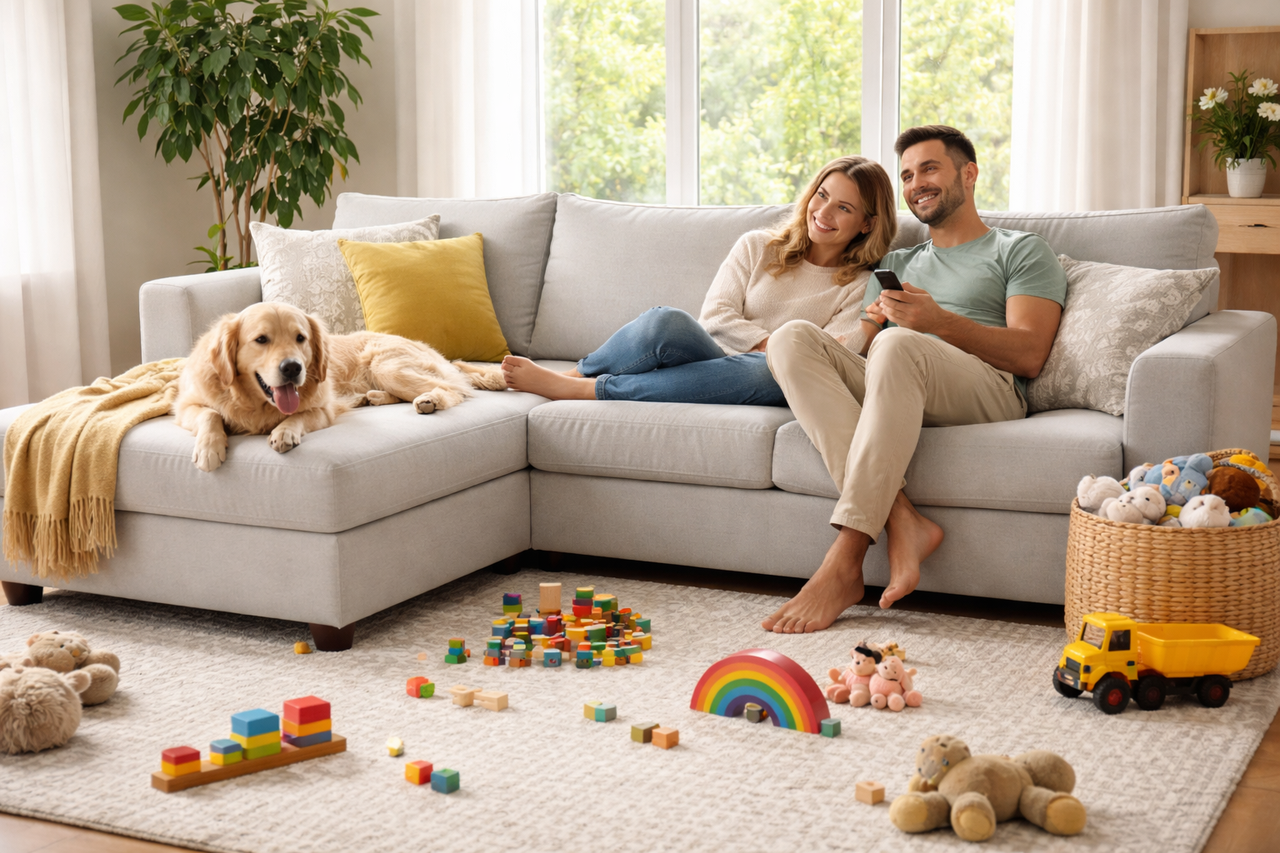 best sectional couches for busy families with pets and kids in a real-life living room