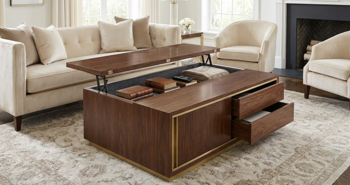 Modern walnut lift-top coffee table with open top revealing hidden storage compartment containing books, remote, and blanket, plus open drawers, in elegant living room.