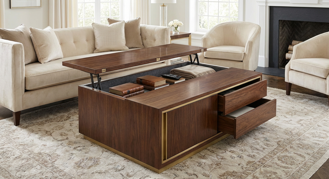 Modern walnut lift-top coffee table with open top revealing hidden storage compartment containing books, remote, and blanket, plus open drawers, in elegant living room.
