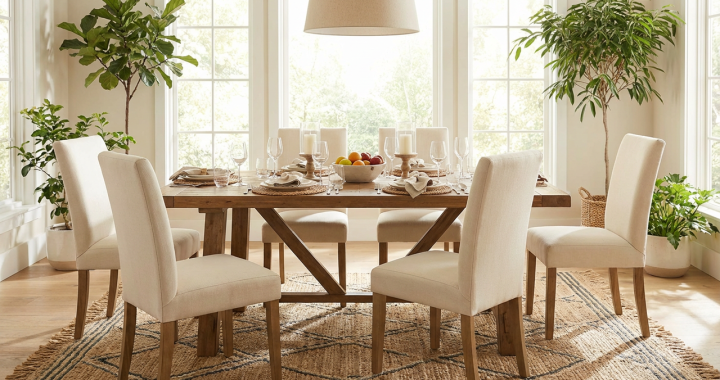 Rectangular 72 by 36 inch dining table set for 6 with comfortable walking space around