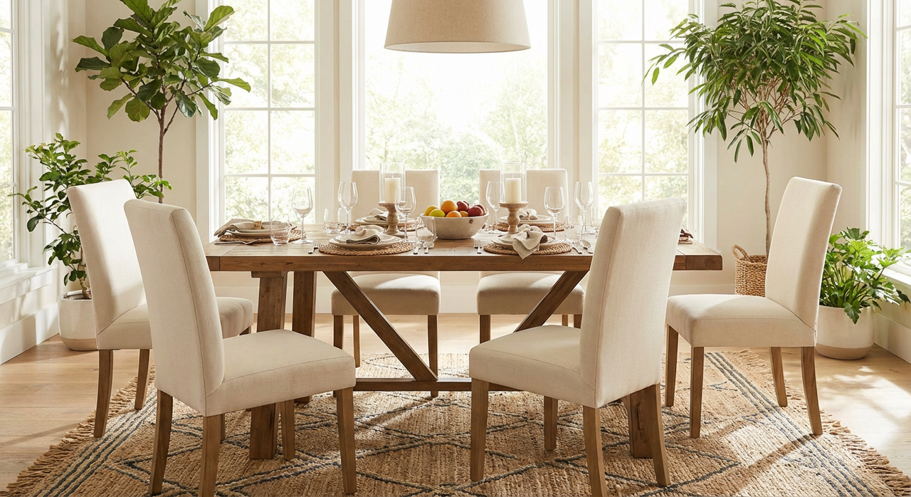 Rectangular 72 by 36 inch dining table set for 6 with comfortable walking space around