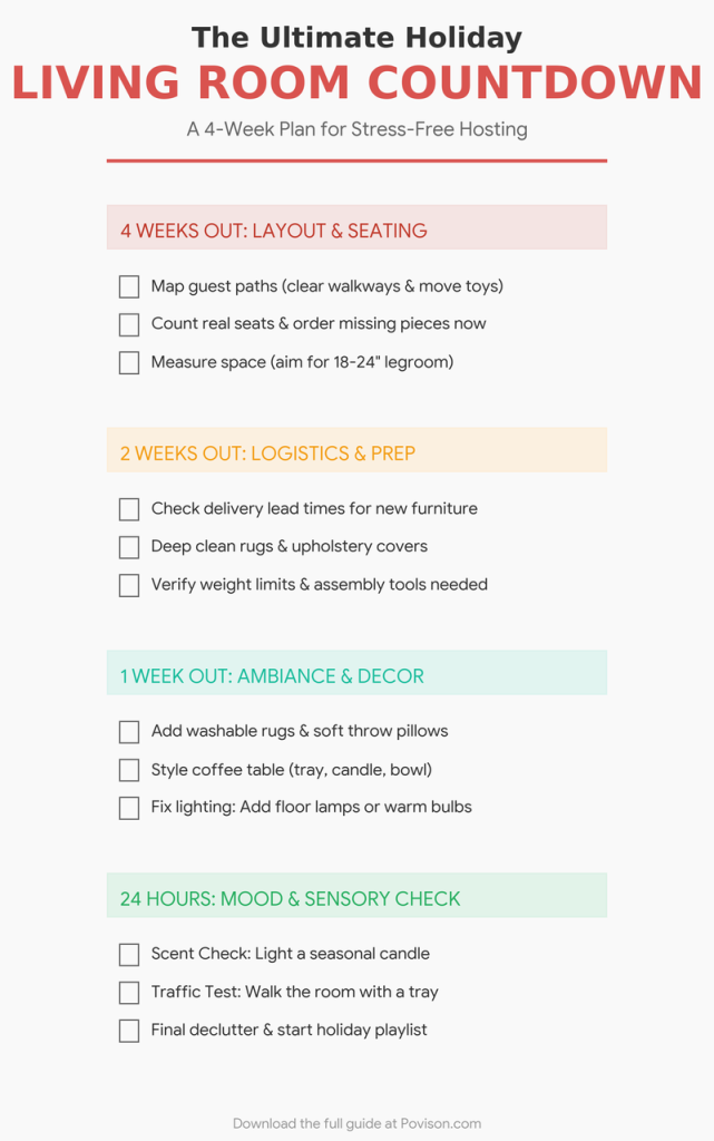 4-week holiday living room countdown checklist: plan layout & seating (4 weeks out), logistics & prep (2 weeks), ambiance & decor (1 week), mood & sensory check (24 hours). Stress-free hosting guide.