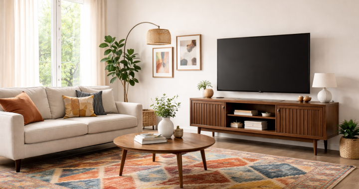 family-friendly living room styled around a mid century modern TV stand