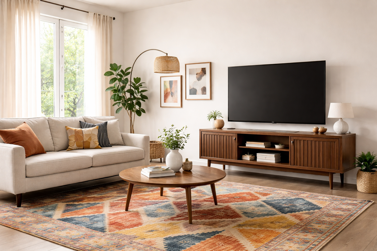 family-friendly living room styled around a mid century modern TV stand