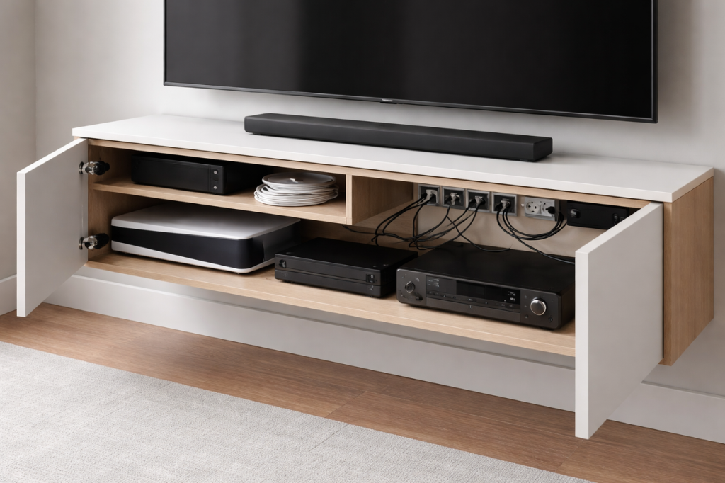 Floating TV console with hidden storage and cable management for family electronics