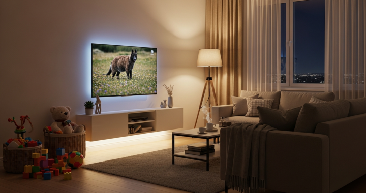 TV stand with LED lights creating ambient glow in busy family living room