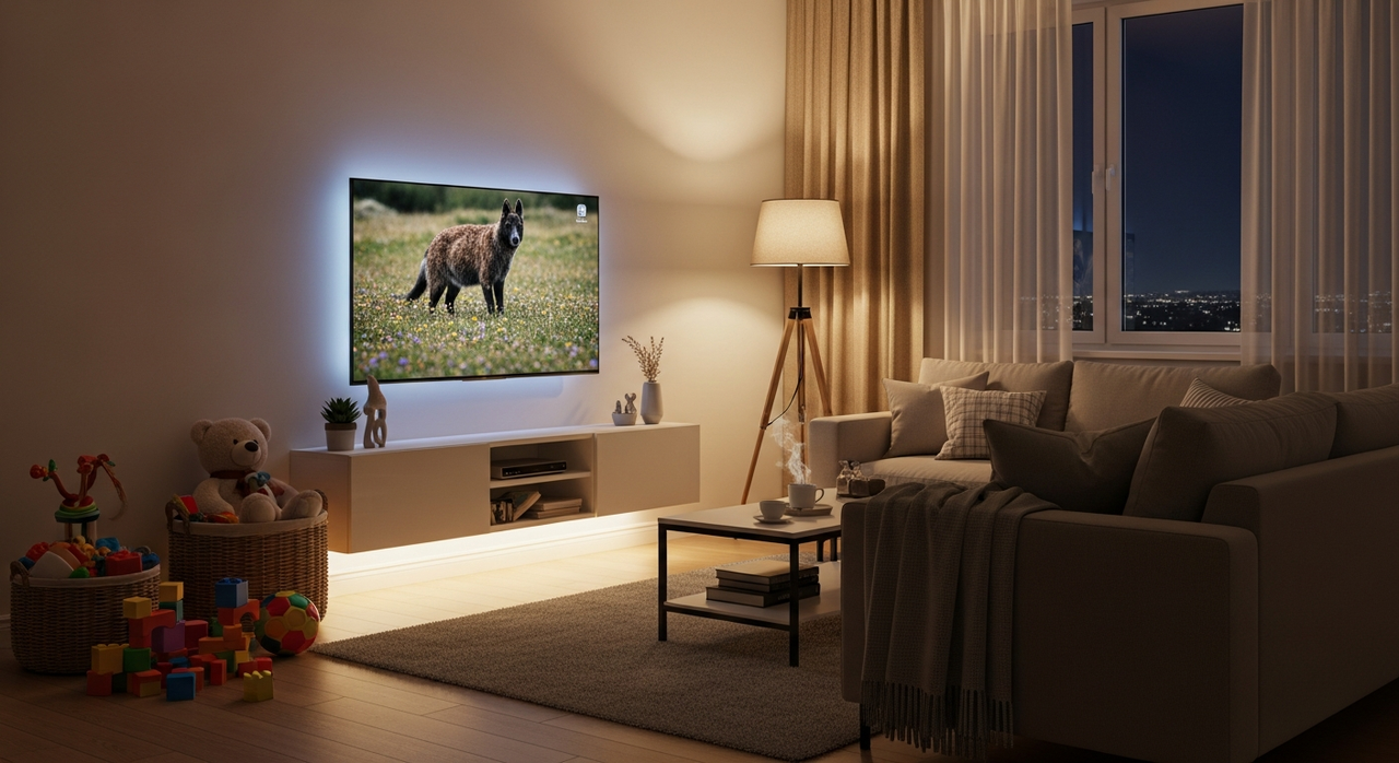 TV stand with LED lights creating ambient glow in busy family living room