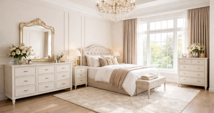 Elegant luxury bedroom interior featuring a tufted upholstered headboard, crystal chandelier, white dressers, large bay window with beige curtains, and plush area rug