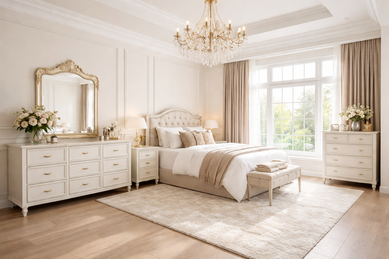 Elegant luxury bedroom interior featuring a tufted upholstered headboard, crystal chandelier, white dressers, large bay window with beige curtains, and plush area rug