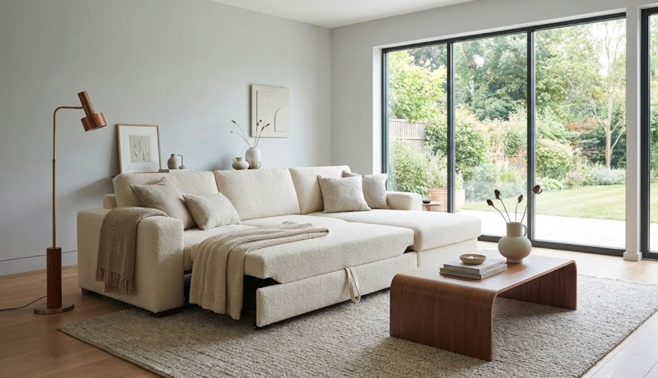 Modern cream electric sectional sleeper sofa fully extended in a minimalist living room facing large glass doors.