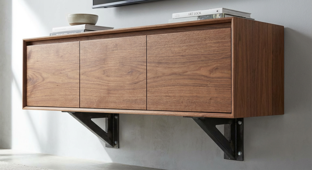 Sturdy floating TV stand hardware and storage for busy families