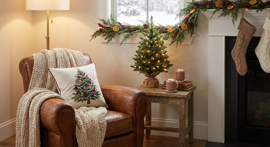 christmas living room arrangement with a quiet reading corner and accent chair for guests
