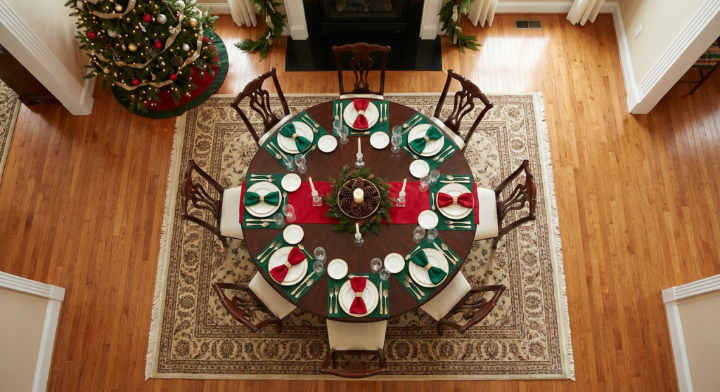 christmas dining table setup with good spacing for guests to move comfortably