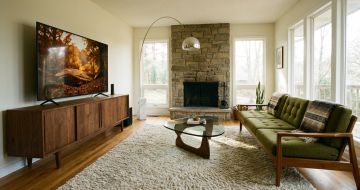 Mid-century modern tv stand size guide example with 65-inch TV on walnut console