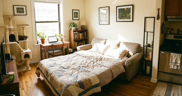 studio apartment with sleeper sofa as main bed, small desk, and cat tree