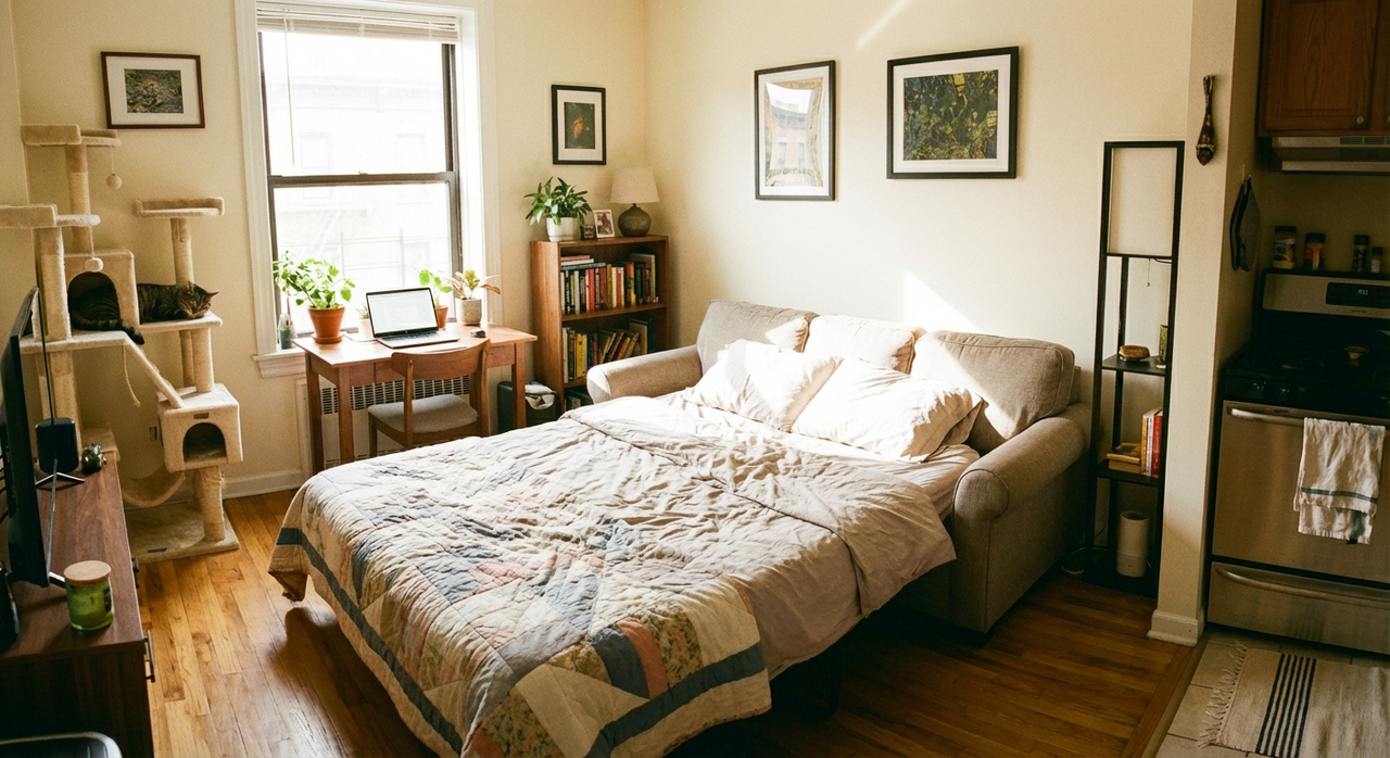 studio apartment with sleeper sofa as main bed, small desk, and cat tree