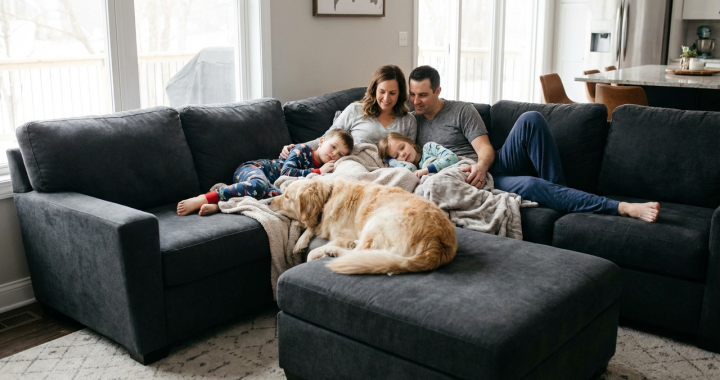 deep seat family couch with kids and dog relaxing together