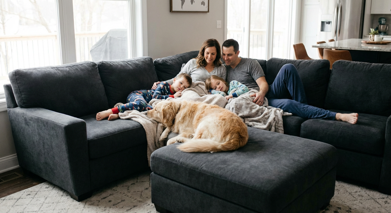 deep seat family couch with kids and dog relaxing together