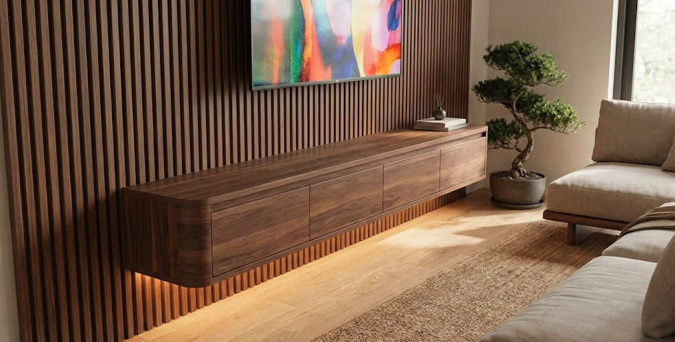 Modern Floating Walnut TV Console with Slat Wall Backdrop and LED Underglow Lighting