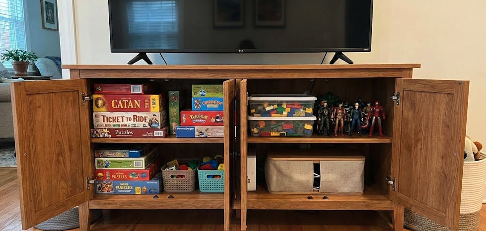 storage tv stand for small living room with closed cabinets for toys